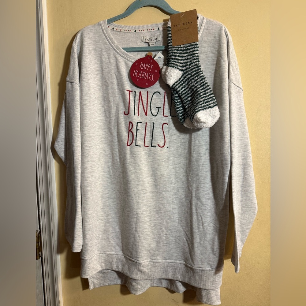 Rae Dunn Jingle Bells cozy socks and sweatshirt, size Large - Picture 1 of 12